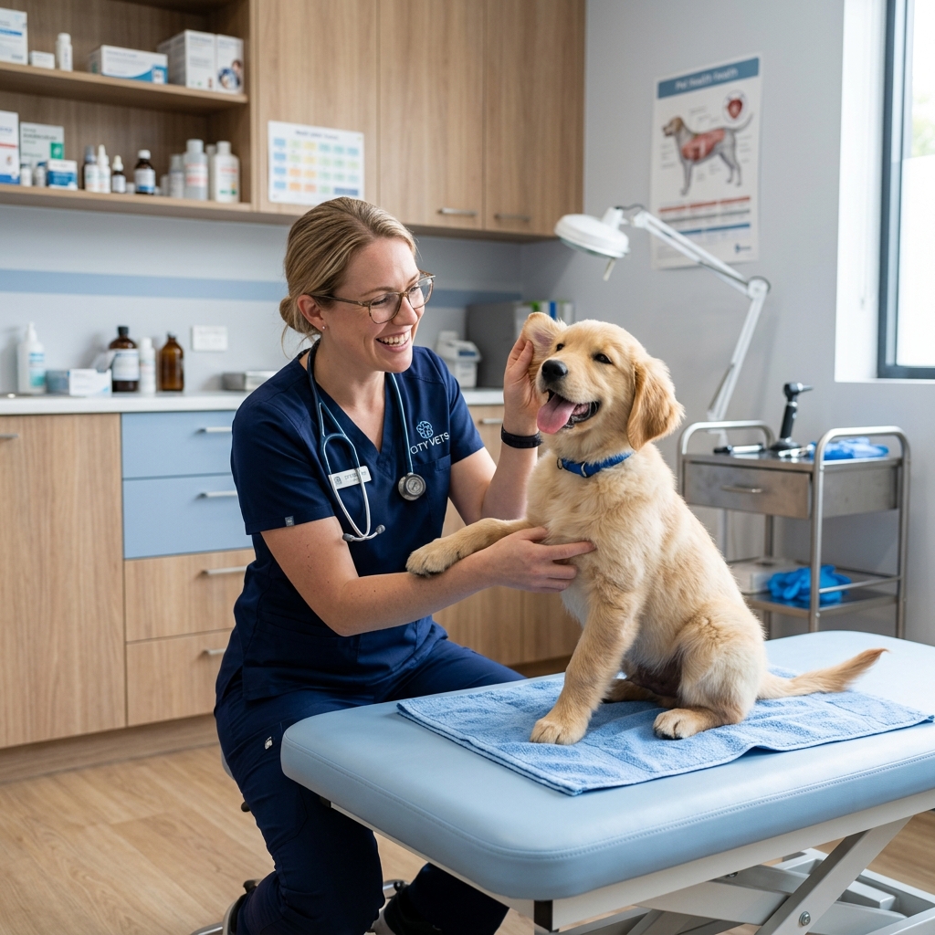 Veterinaria examinando un cachorro